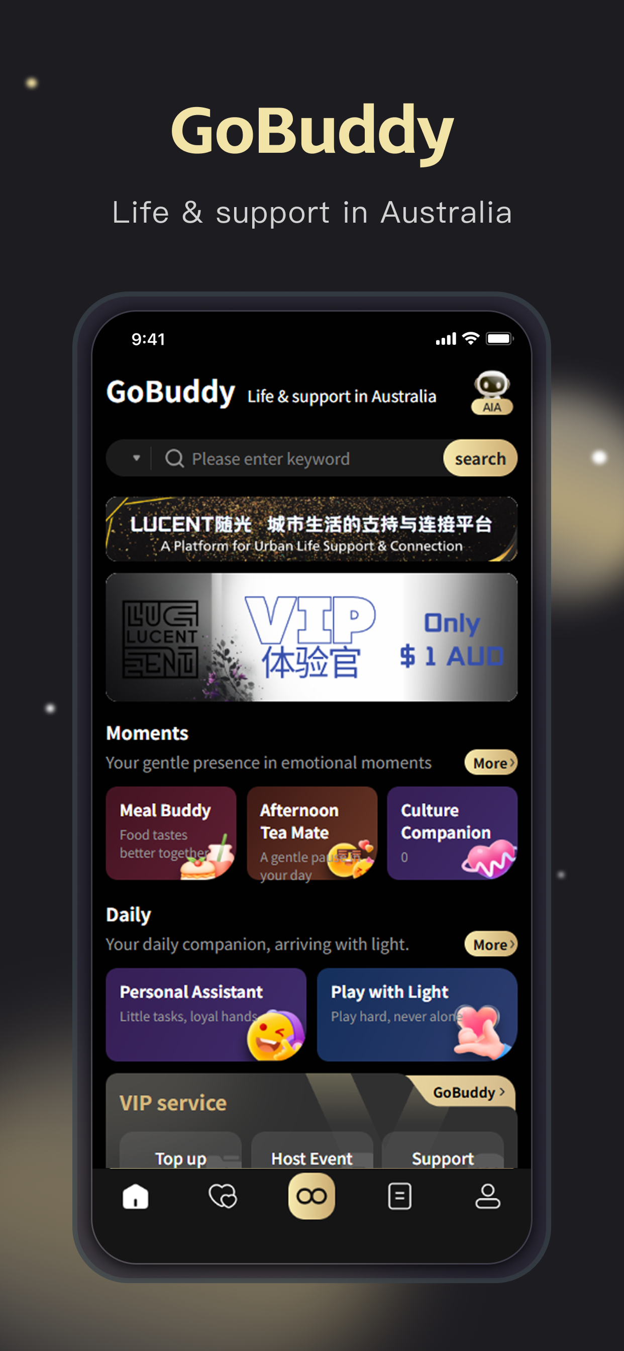 GoBuddy home screen showing lifestyle and support services